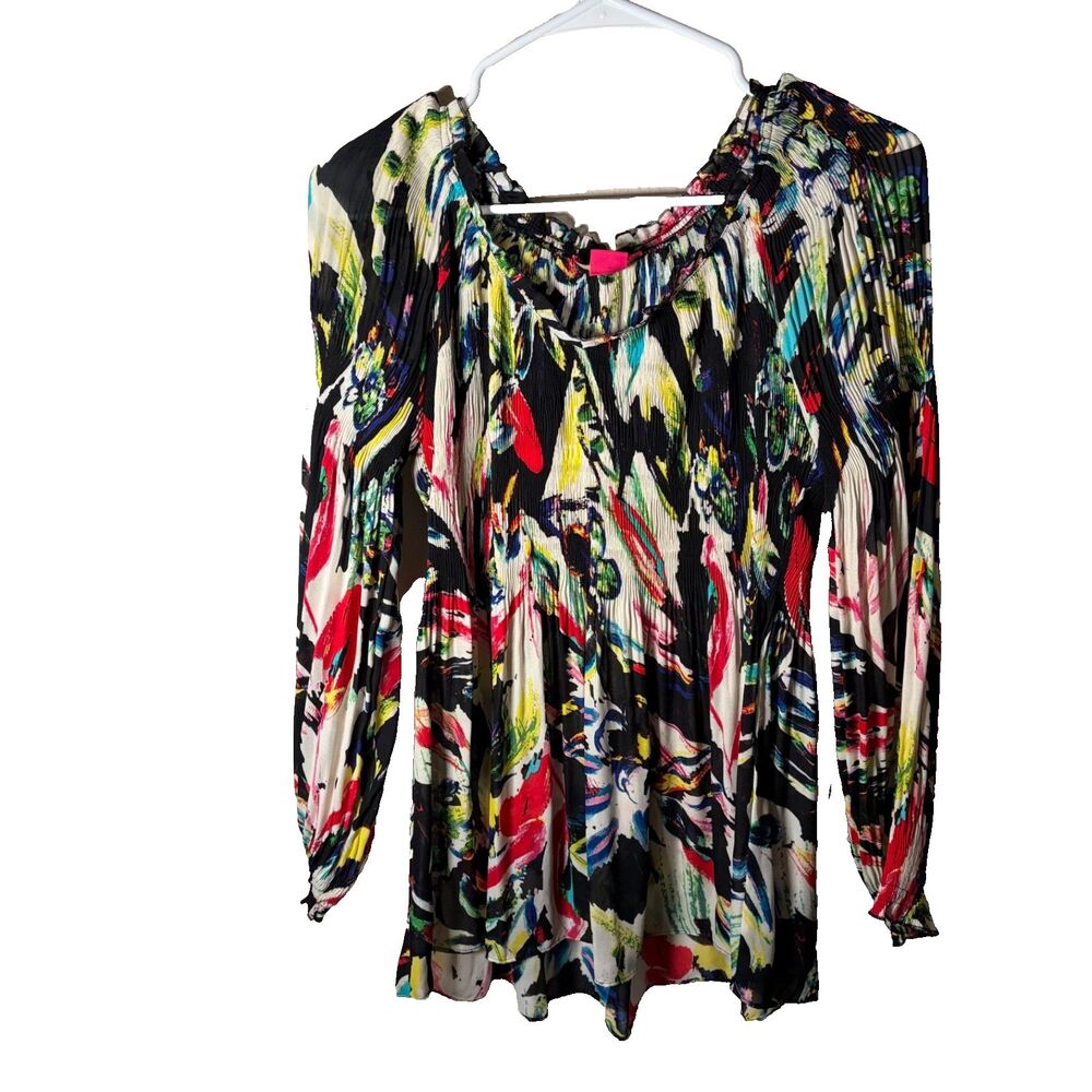 Sunny Leigh Blouse Women's Petite Large Pleated Colorful 3/4 Sleeve Shirt Top